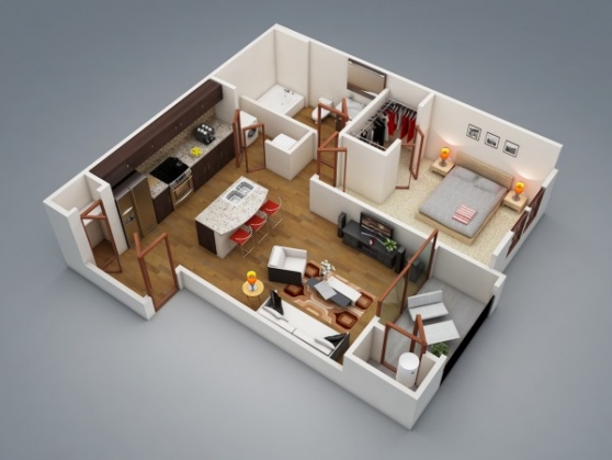 50 Plans en 3D d’appartement avec 1 chambres